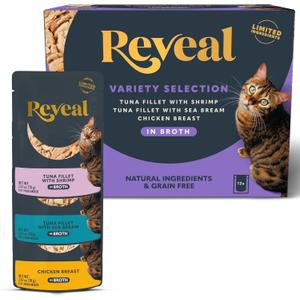 Reveal Natural Wet Cat Food, 12 Count, Grain Free, Limited Ingredient Cat Food Pouches, Fish and Chicken Variety in Broth, 2.47 oz Pouches