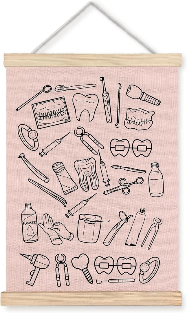 ignytiger Dental Office Decor, Dental Wall Art Poster Framed, Dentist Tools Pink Canvas Wall Art Prints for Hospital Office Decor, 12x16 Inches
