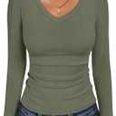 ANRABESS Long Sleeve Shirts for Women V Neck Ribbed Knit Fitted Fall Basic Tshirts Going Out Tops 2026 Casual Trendy Clothes (X-Large, Army Green)