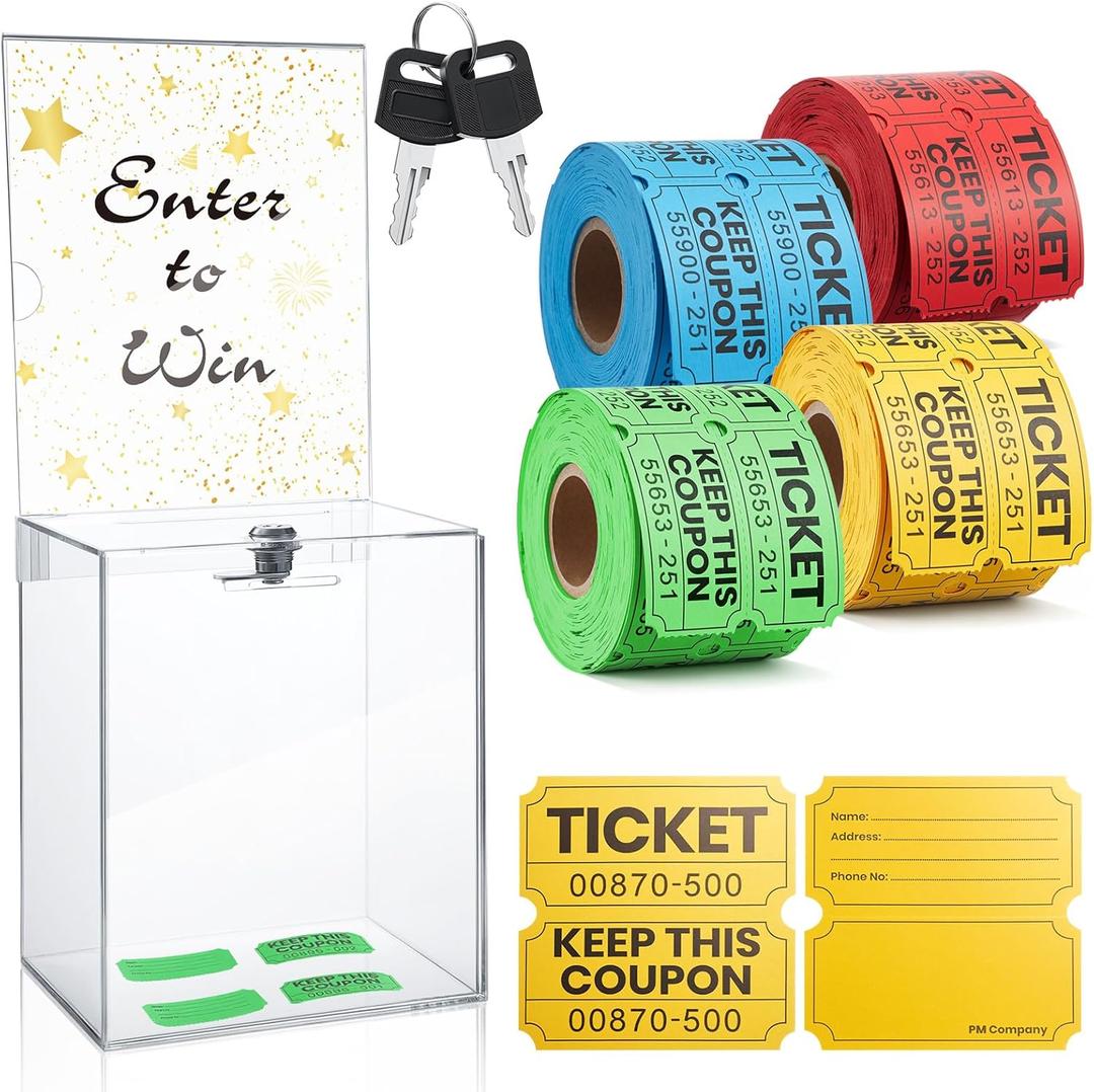 Beeveer 1 Pcs Enter to Win Raffle Box with Lock with 1000 Raffle Ticket Double Roll 6.7 x 5 x 8 in Ticket Clear Acrylic Donation Box with Slot Sign Holder Suggestion Storage for Vote Collection