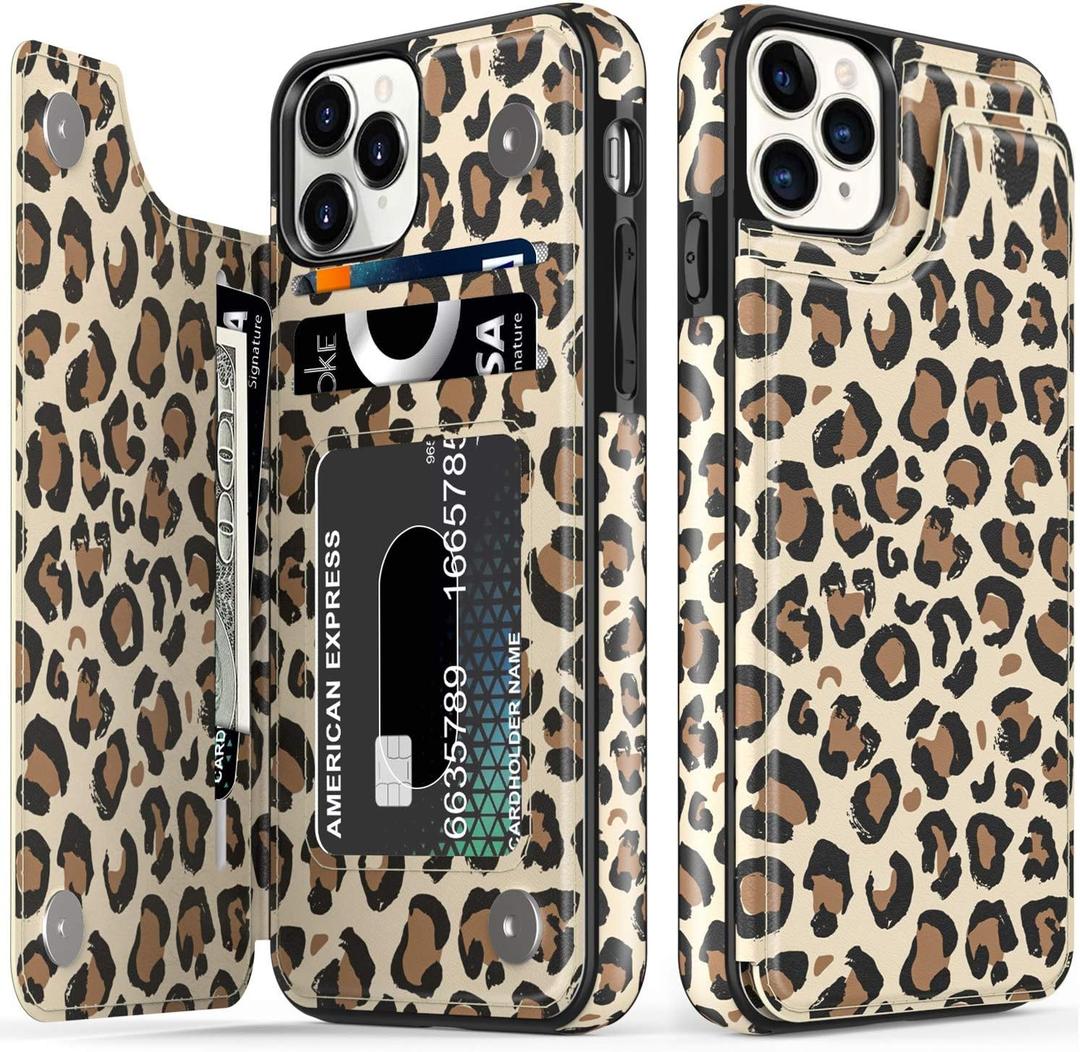 LETO for iPhone 11 Pro Max Case,Leather Wallet Case Flip Folio Cover with Fashionable Flower Designs for Girls Women,Card Slots,Protective Phone Case for iPhone 11 Pro Max 6.5" Brown Leopard