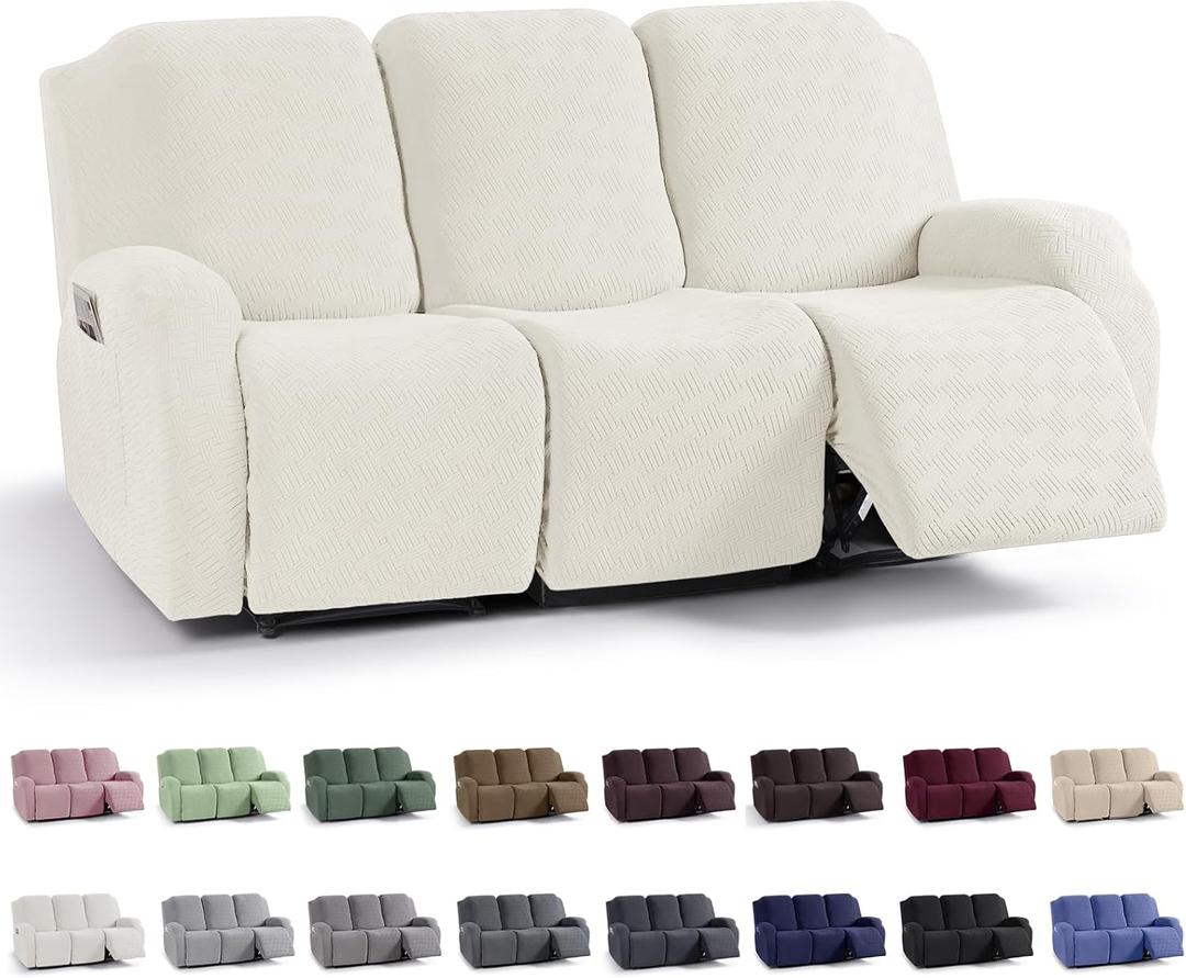 KinCam Recliner Covers, Stretch Reclining Chair Covers, Recliner Sofa Slipcovers Stripe Jacquard Recliner Couch Covers Furniture Protector Covers for Pet Kid (3 Seater, Cream)