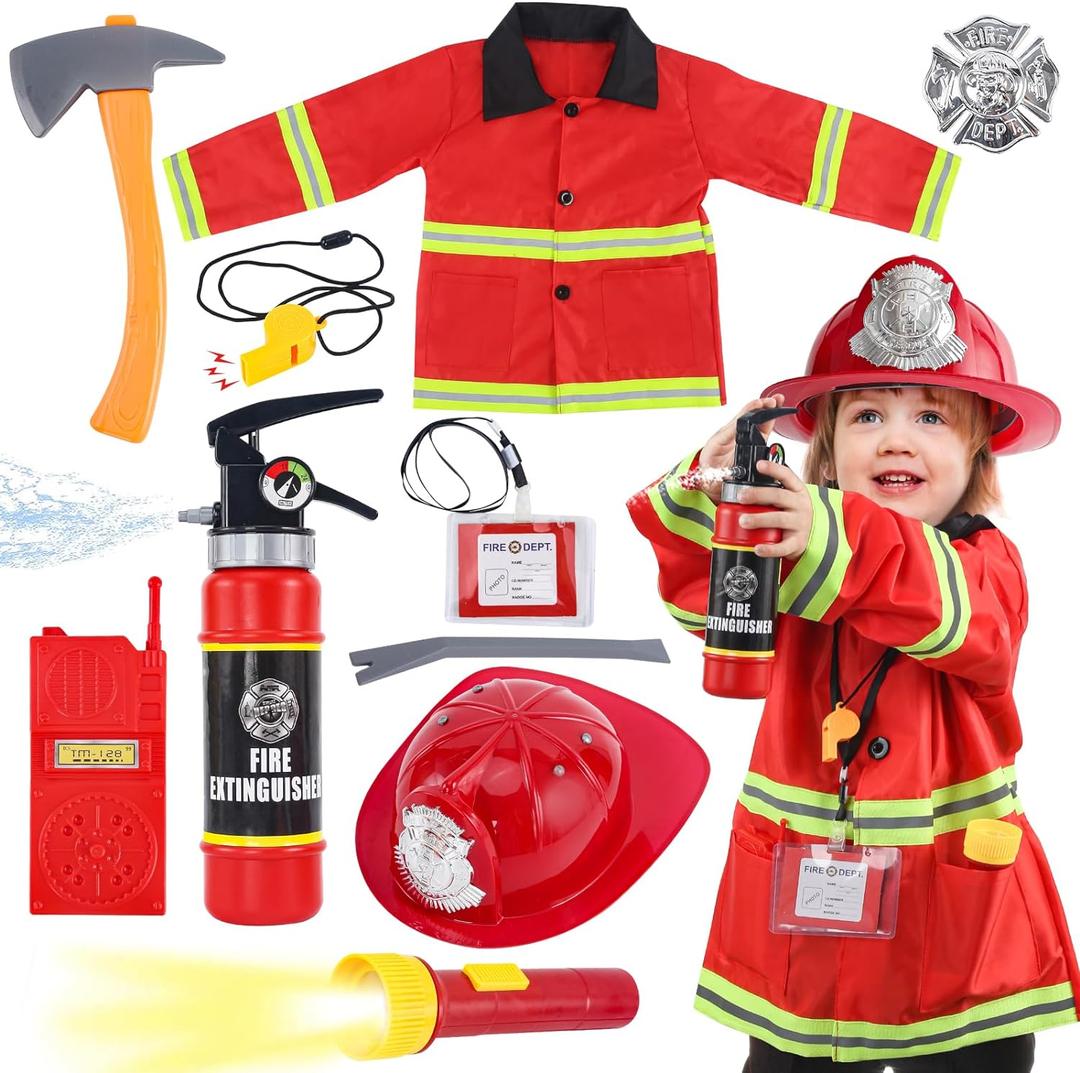 Fireman Costume for Kids, 10 Pcs Firefighter Costume with Toy Accessories Set, Fireman Role Play Outfit Toys, Kids Firefighter Dress Up Clothes, Halloween for Boys Toddlers Ages 3 4 5 6 7