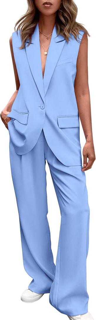 PRETTYGARDEN Women's 2 Piece Outfits Sleeveless Suit Vest and Wide Leg Pants Business Casual Blazer Sets (Medium, Light Blue)