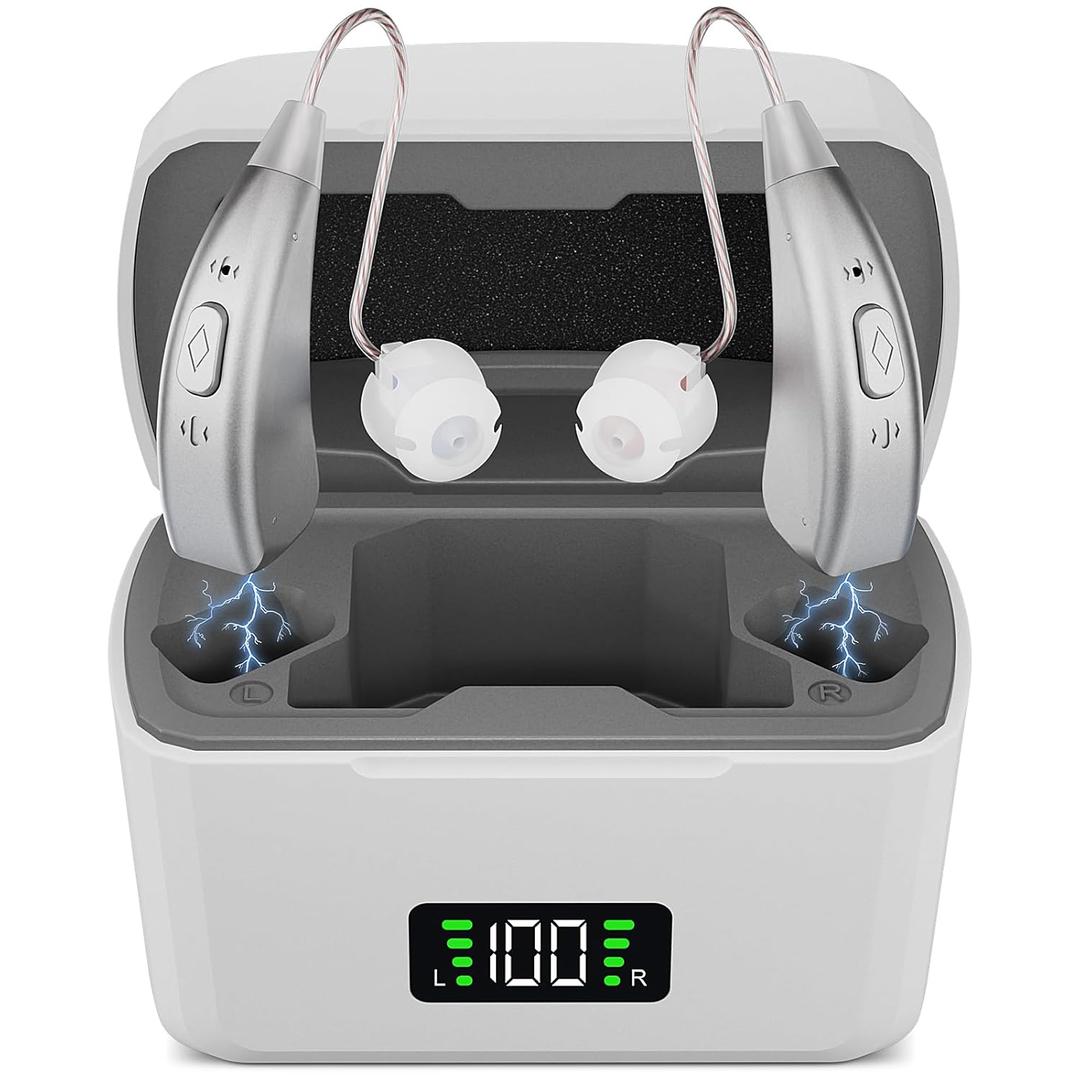 Hearing Aids for Seniors Rechargeable  Digital Behind-The-Ear Hearing Amplifiers with AI Noise Reduction, 3 Sound Modes, 5 Volume Levels, Charging Case Included (Silver)