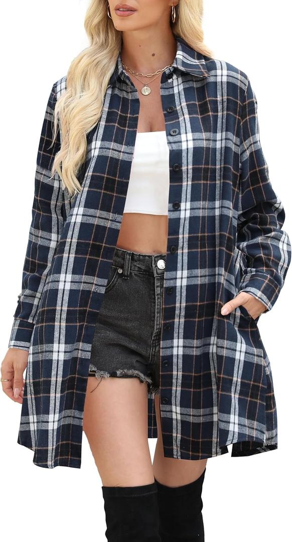 Womens Buffalo Plaid Flannel Shirt Jacket Long Sleeve Collar Button Down Shacket Coats Lightweight Tops (X-Large, Navy Blue Plaid)