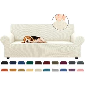 KEKUOU Stretch Sofa Cover Slipcover Couch Covers for 3 Cushion Couch Sofa pet Friendly (78"-94") Furniture Protector Sofa with Elastic Bottom for Kids,Dog, Jacquard Small Checked(Large,Beige)