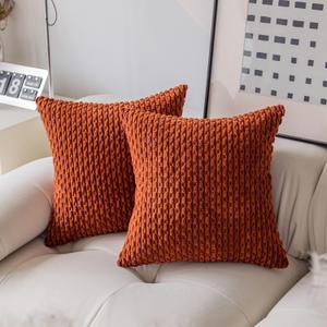 Kevin Textile Fall Pack of 2 Corduroy Decorative Throw Pillow Covers 20x20 Inch Soft Boho Striped Pillow Covers Modern Farmhouse Home Decor for Sofa Living Room Couch Bed Burnt Brick