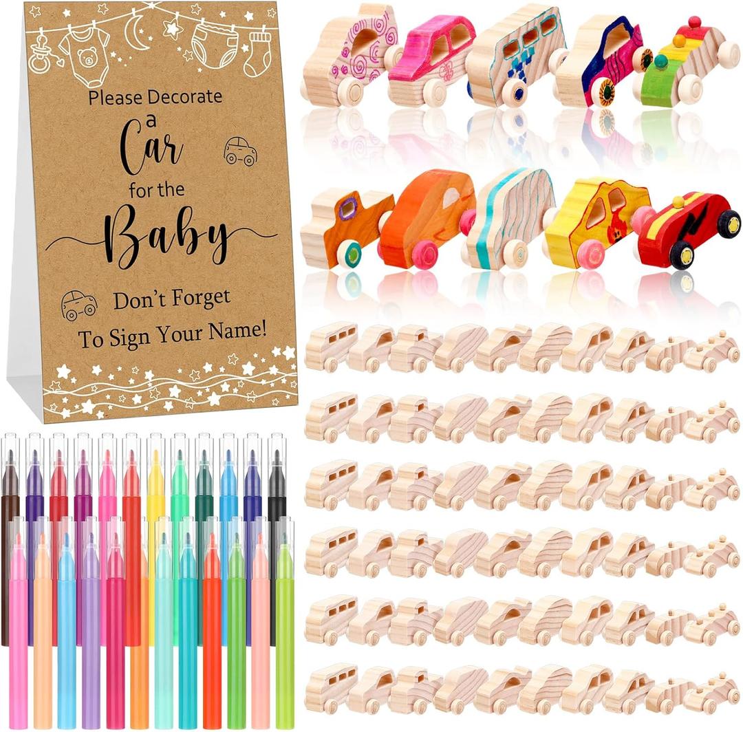 Hiboom 75 Pcs Baby Shower Wood DIY Car Set Includes 50 Unfinished Wooden Car Block to Paint 24 Makers 1 Game Sign for Decorate Gift Block Game 10 Style(Brown Simple Drawing)