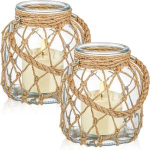Blushtier 2 Set Nautical Candle Lantern with Rope Handle Coastal Glass Jar Battery Operated LED Flameless Lantern for Room Party Sea Beach House Table Centerpieces Decoration 5.5" x 5.5" x 6.3"