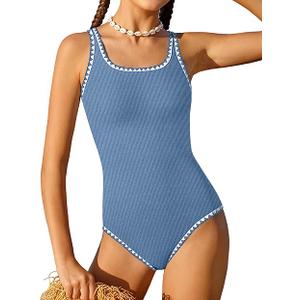 Qaoerde Girls Swimsuit One Piece Swimsuits Solid Color Bathing Suit Colorful Contrast Trim Adjustable Straps Swimwear 11-12Y