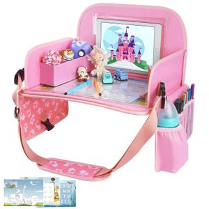 MENZOKE Kids Travel Tray for Toddler Car Seat, Lap Tray for Girl Activities with Dry Erase Board & Cooler Cup Holder, Road Trip Essentials Accessories with No-Drop Large Tablet iPad Holder Stand, Pink