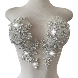Handmade Shining Rhinestones lace Applique Patches Sewing Beads Sequins Stone Trim Accessories for Wedding Dress 1 Pair/Bag 11X4.3inches (Silver)