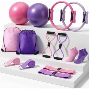 Poen Pilates Equipment Kit for Home Workout Pilates Ring and Ball Set for Women 12'' Circle Yoga Fitness Essentials Kit with Resistance Bands, Yoga Strap, Socks,Bag