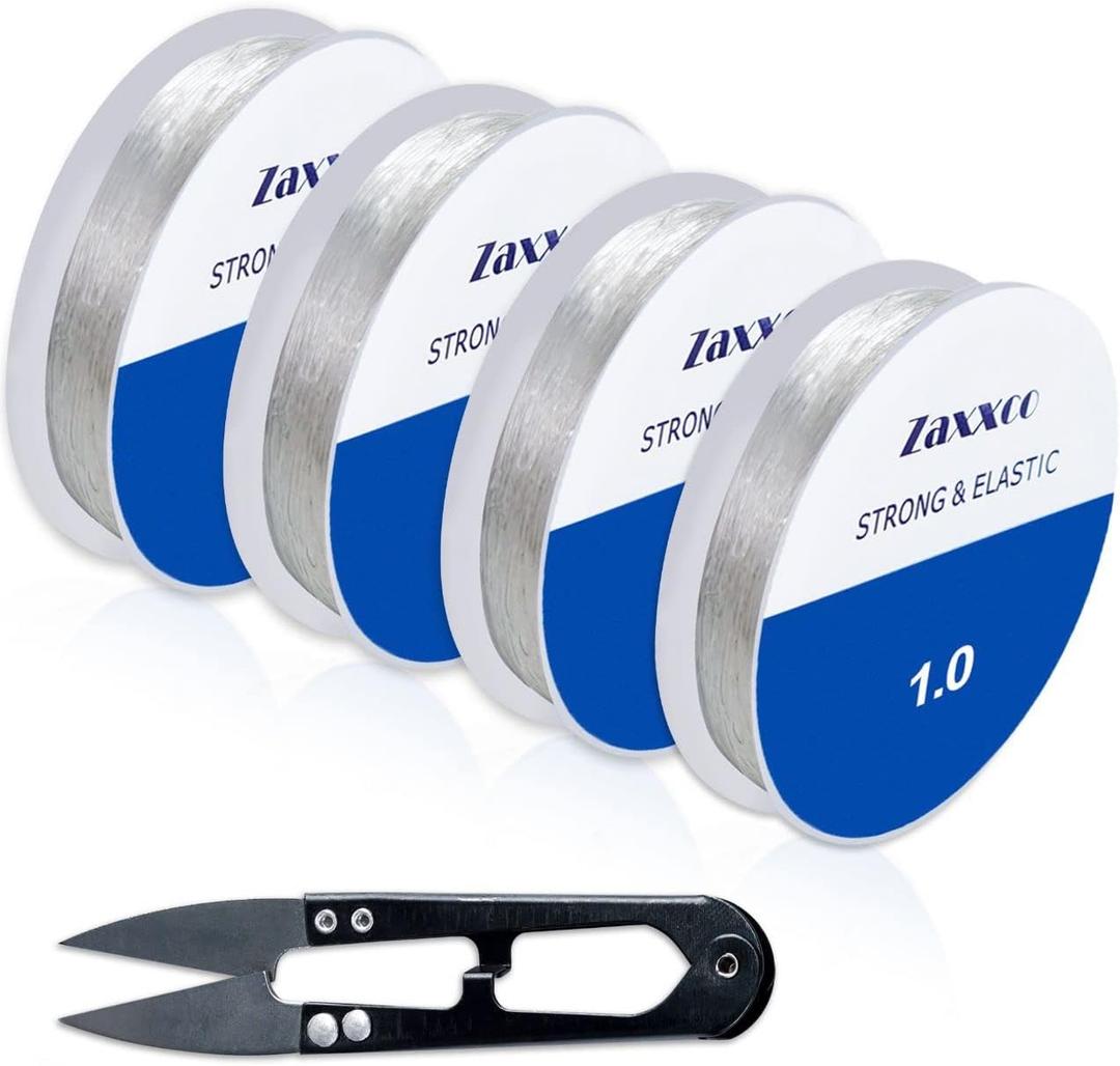 Elastic String for Bracelets 4 Rolls 0.5mm, 0.7mm, 0.8mm, 1.0mm - String for Bracelet Making - 4 Sizes + Free Cutter  Ideal for Creating Jewelry & DIY