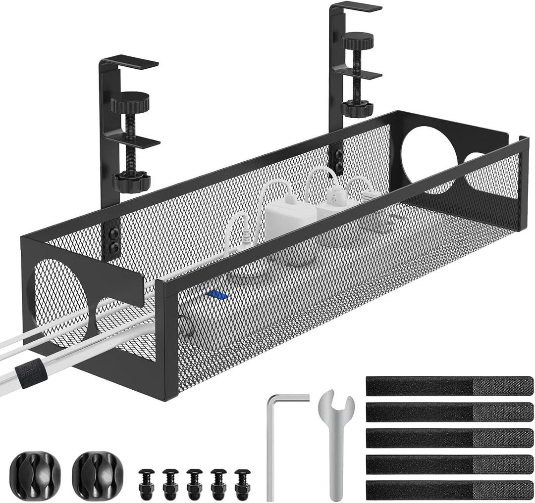 Under Desk Cable Management Tray No Drill 15.1, Metal Mesh Cable Management Box with Hybrid Side Slots Cable Raceway,Adjustable Cable Tray with Wire Management for Office Home,1 Pack (Black)