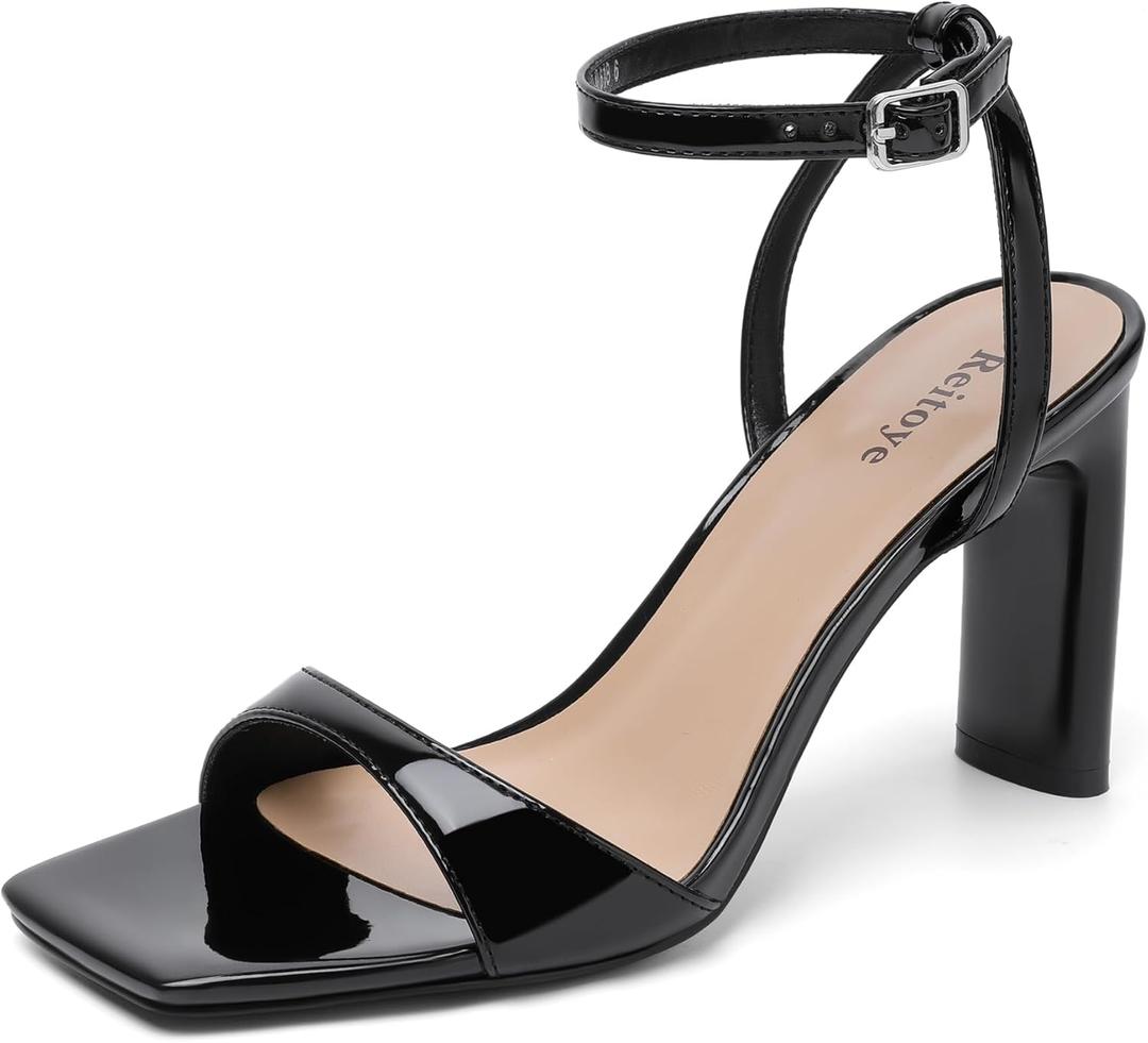 Reitoye Womens Heels Square Open Toe Chunky High Heels Strappy Ankle Strap Heeled Sandals for Women Dress Party Wedding (7.5, Black)