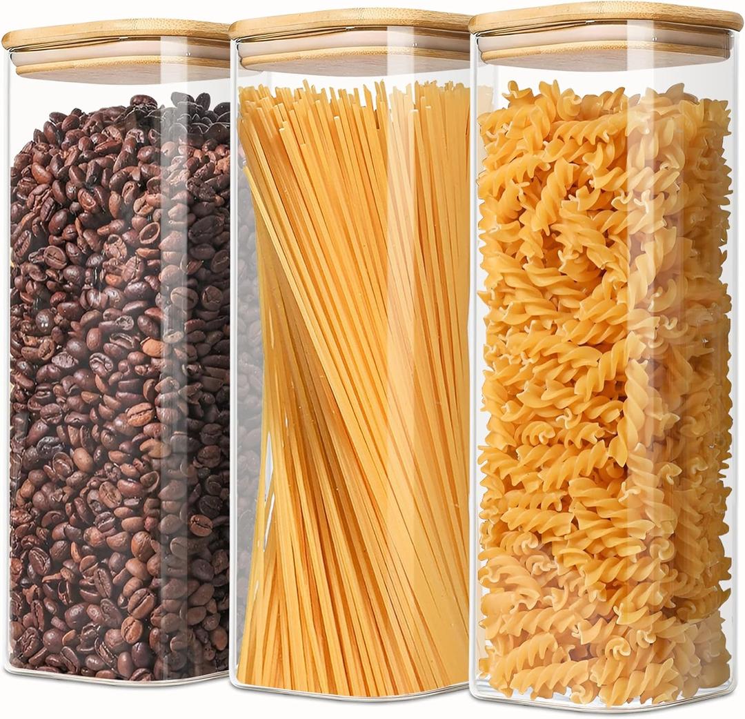 VIEWELLD 2.2 Qt Square Glass Storage Containers with Lids, Clear Food Storage Container Jar with Sealing Bamboo Lid Storage Containers for Pasta, Oats, Coffee, Flour, Sugar, Square Set-3Pack