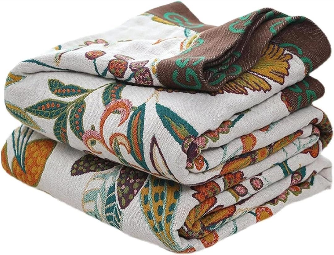 Boho Throw Blanket for Bed, 100% Cotton Muslin Soft Throw-Floral Farmhouse Rustic Decor Blanket for Couch Sofa Quilt and Gift, 60" x 80"-BeigeWhite (Flower-jungle)