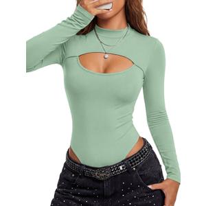 LYANER Women's Mock Neck Sexy Cutout Front Long Sleeve Slim Fit Bodysuit Leotard Top L