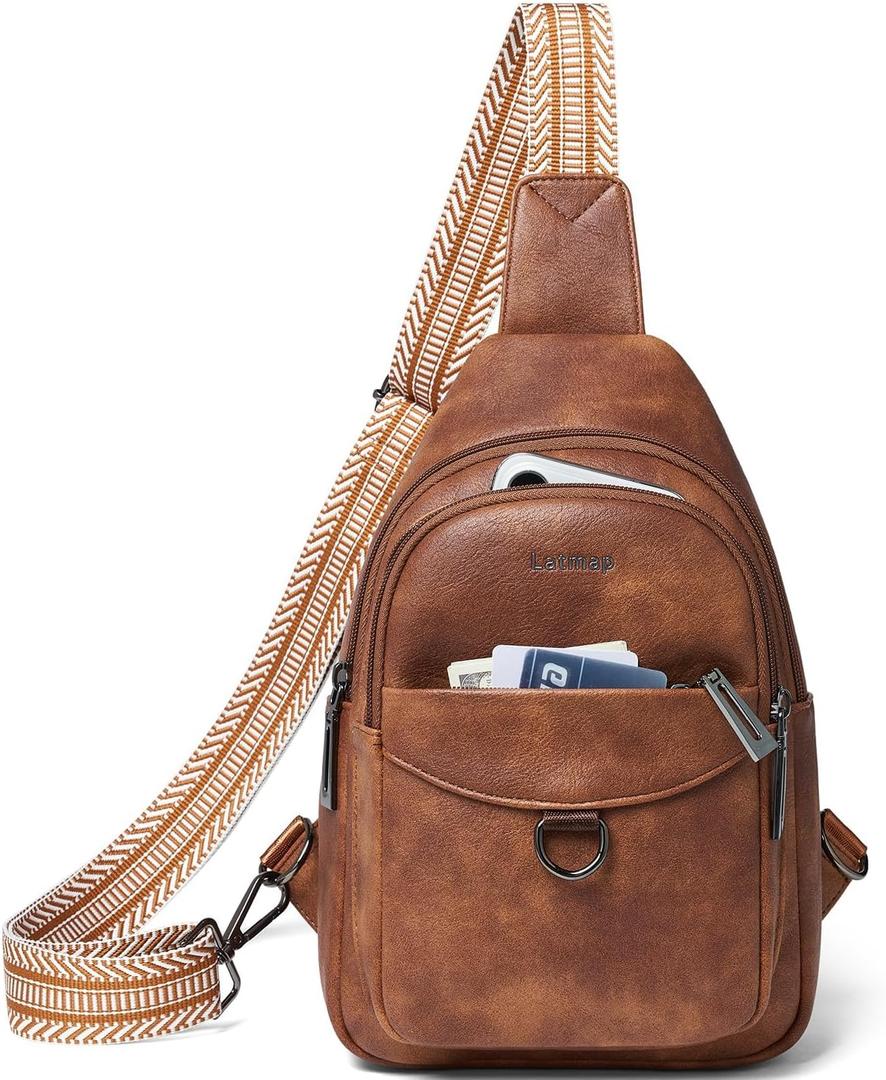 LATMAP 7L Sling Bag for Women Men Crossbody Belt Bag Small Travel Sling Backpack Anti Theft Chest Daypack Purse Faux Leather (Brown)