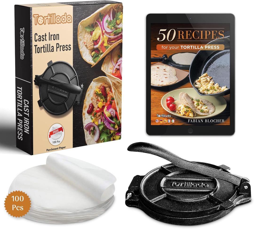 Tortillada  8 inch Tortilla Press + Parchment Paper (100 pcs) - Pre-Seasoned Cast Iron with Recipes E-Book