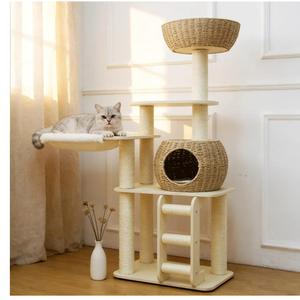 54 Inch Cat Tree for Indoor Cats, Tall Wooden Cat Tower with Scratching Posts, Rattan Condo and Perch, Multi-Level Cat Climber, Stylish Pet Furniture