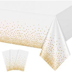 3 Pack White and Gold Tablecloth, 54" X 108" Gold Dot Plastic Table Cloths