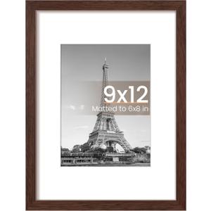 Upsimples 9x12 Picture Frame, Display Pictures 6x8 with Mat or 9 x 12 Without, Wall Hanging Photo Frames, Brown, 1 Pack