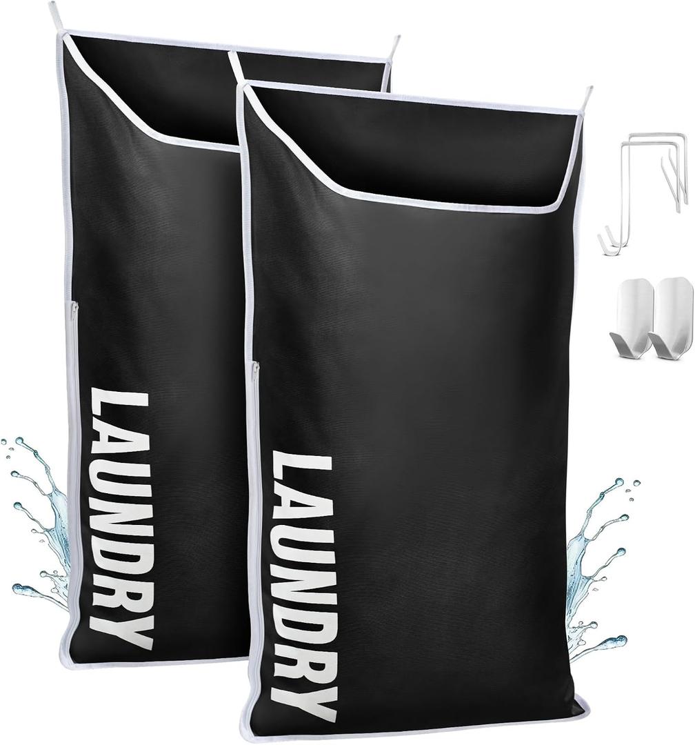 Hanging Laundry Hamper Bag XL 40x22", Space Saving over the Door Storage Bags, Behind the Door Hampers for Dirty Clothes & Wall Mounted Basket for Bathroom, Organizer for Small Room Spaces RV, 2-Pack
