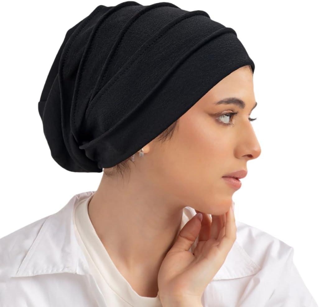 Cotton Sleep Cap Women Beanie Chemo Hat Elastic Turban Head Wrap Cap Bonnet Cap Muslim Headscarf Nightcap for Hair Head Cap (Medium-Large, Black)
