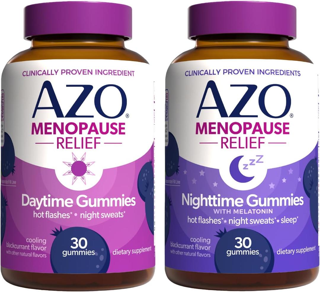 AZO Menopause Relief Gummies Daytime & Nighttime Bundle (60 Ct) – Estrogen‑Free Support for Hot Flashes, Night Sweats & Better Sleep, Menopause Symptom Relief for Day and Night, BBD 09/2026