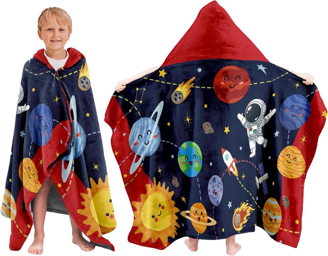 Kids Hooded Bath Towel Toddler Beach Towel with Hood, Space Theme Boys Girls Hooded Towels, 30"X50" Soft Absorbent Wearable Poncho Towel Perfect for Kids Pool Beach Bath Swimming