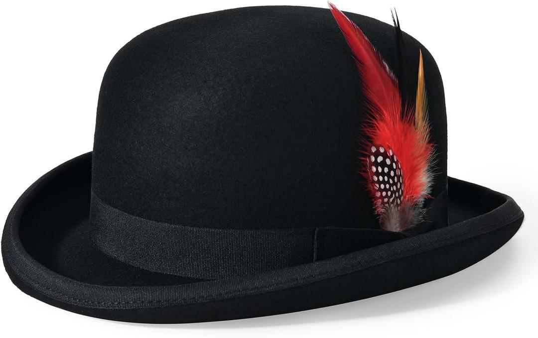 Mens Bowler Hat 100% Wool Black Womens Derby Hats with Feather Costume Hats Short Brim Felt Fedora Hat Dress Up