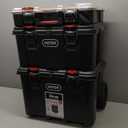 Keter Stack-n-Roll Modular Tools Organizer for Garage Storage and DIY, 3 Piece Resin Rolling Tool Box System for Small Parts, Black