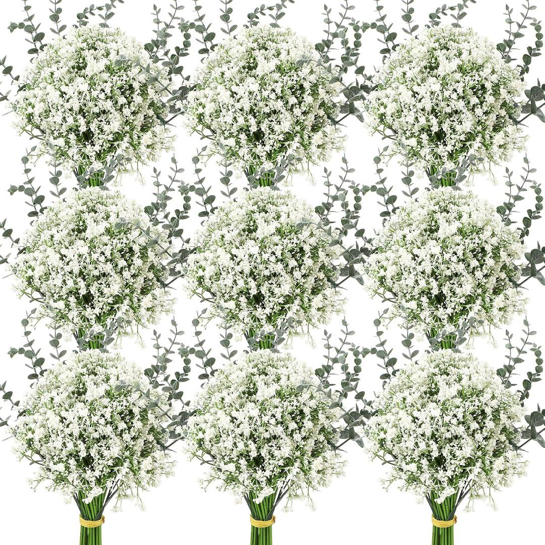 Retrowavy 250 Pcs Babys Breath Artificial Flowers Bulk Babys Breath Flowers Gypsophila Bouquets with Faux Eucalyptus Stems Leaves for Wedding Bouquet Party Filler Home Decor