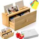 Recipe Box with 100 Cards 4 x 6 and 10 Dividers, Bamboo Organizer 2 Compartment Card &phone Holder to Write in Your Own Recipes, Kitchen Counter Decorative Gift for Housewarming Bridal Shower