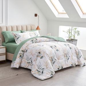 Joyreap 7 Piece Bed in a Bag King, Green Leaves Printed on White Botanical Design, Microfiber Comforter Set for All Season (1 Comforter, 2 Pillow Shams, 1 Flat Sheet, 1 Fitted Sheet, 2 Pillowcases)
