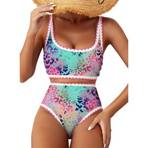 Herseas Women's Bikini Sets Floral Print Whip Stitch 2 Piece Swimsuits High Waisted Scoop Bathing Suits (X-Large, Colorful Leopard)