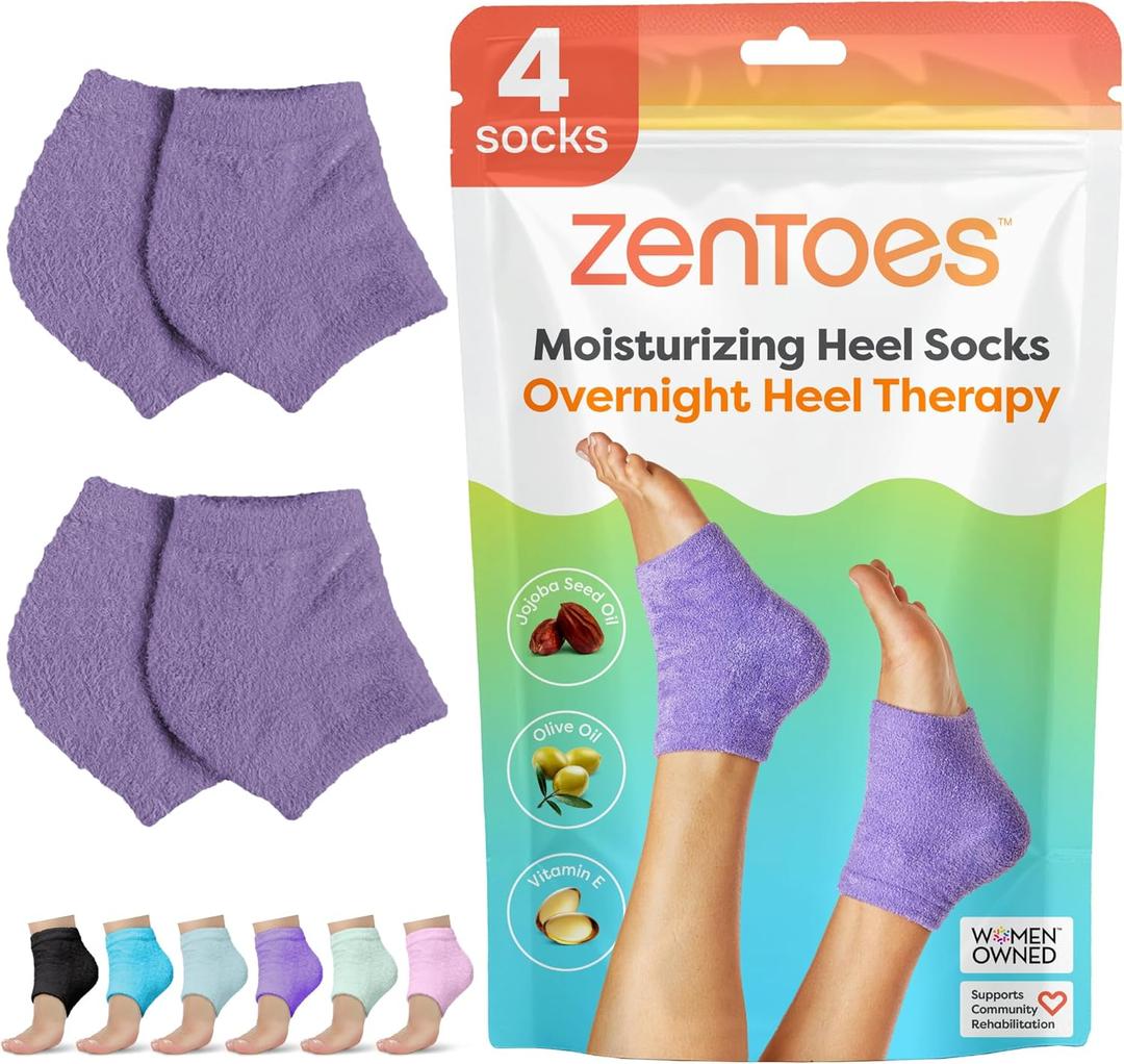 ZenToes Moisturizing Socks for Cracked Heel Treatment - Vitamin E, Olive Oil and Jojoba Oil Infused Heel Socks to Soften and Hydrate (Fuzzy Lilac Purple, Regular) 2 Pairs