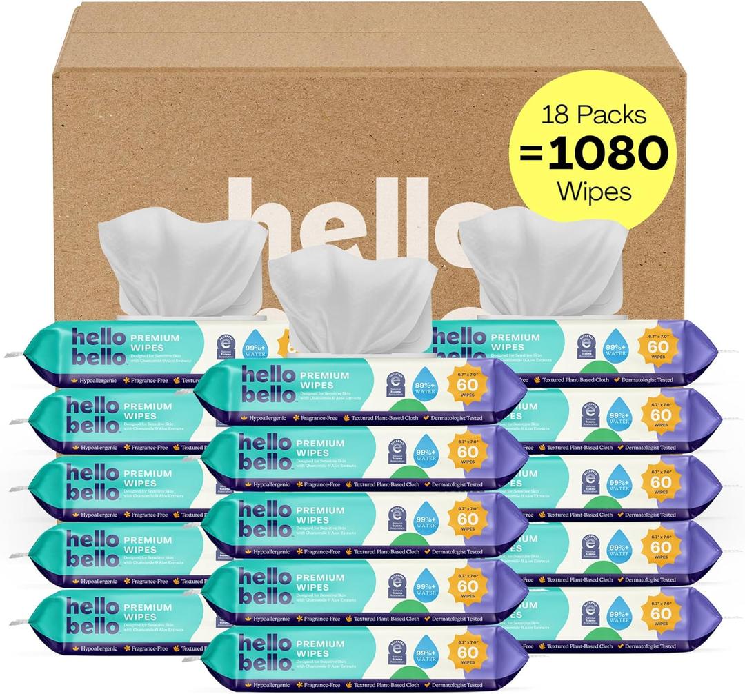 Hello Bello Premium Fragrance-Free Baby Wipes, with Chamomile & Aloe Extracts for Sensitive Skin - 18 Resealable Packs = 1080 Total Wipes