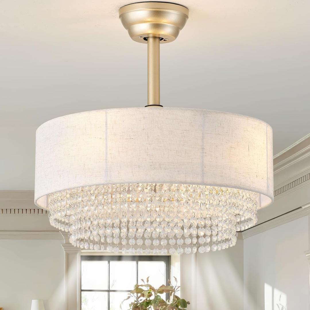 20" Gold Fandelier Ceiling Fans with Lights, Crystal Boho chandelier Ceiling Fan with Light Remote Control, 6-Speed for Bedroom, Living Room, Nursery