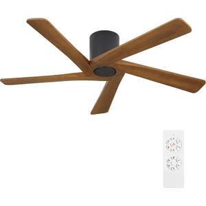 WINGBO 48 Inch Flush Mount DC Ceiling Fan without Lights, 5 Reversible Carved Wood Blades, 6-Speed Noiseless DC Motor, Hugger Ceiling Fan No Lights in Matte Black Finish with Walnut Blades, ETL Listed