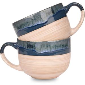 Bosmarlin Large Ceramic Coffee Mug Set of 2, Stoneware Latte Mug for Office and Home, 16 Oz, Dishwasher and Microwave Safe, (Prussian Blue, 2)