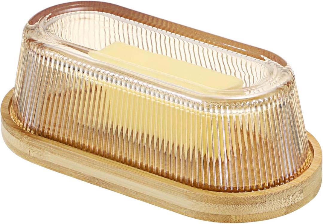 Glass Butter Dish with Lid for Countertop & Firdge, Airtight Bamboo Butter Holder for Home Kitchen Storage, Double-use Premium Glass Storage Container for East Coast Butter (Amber) (Medium)