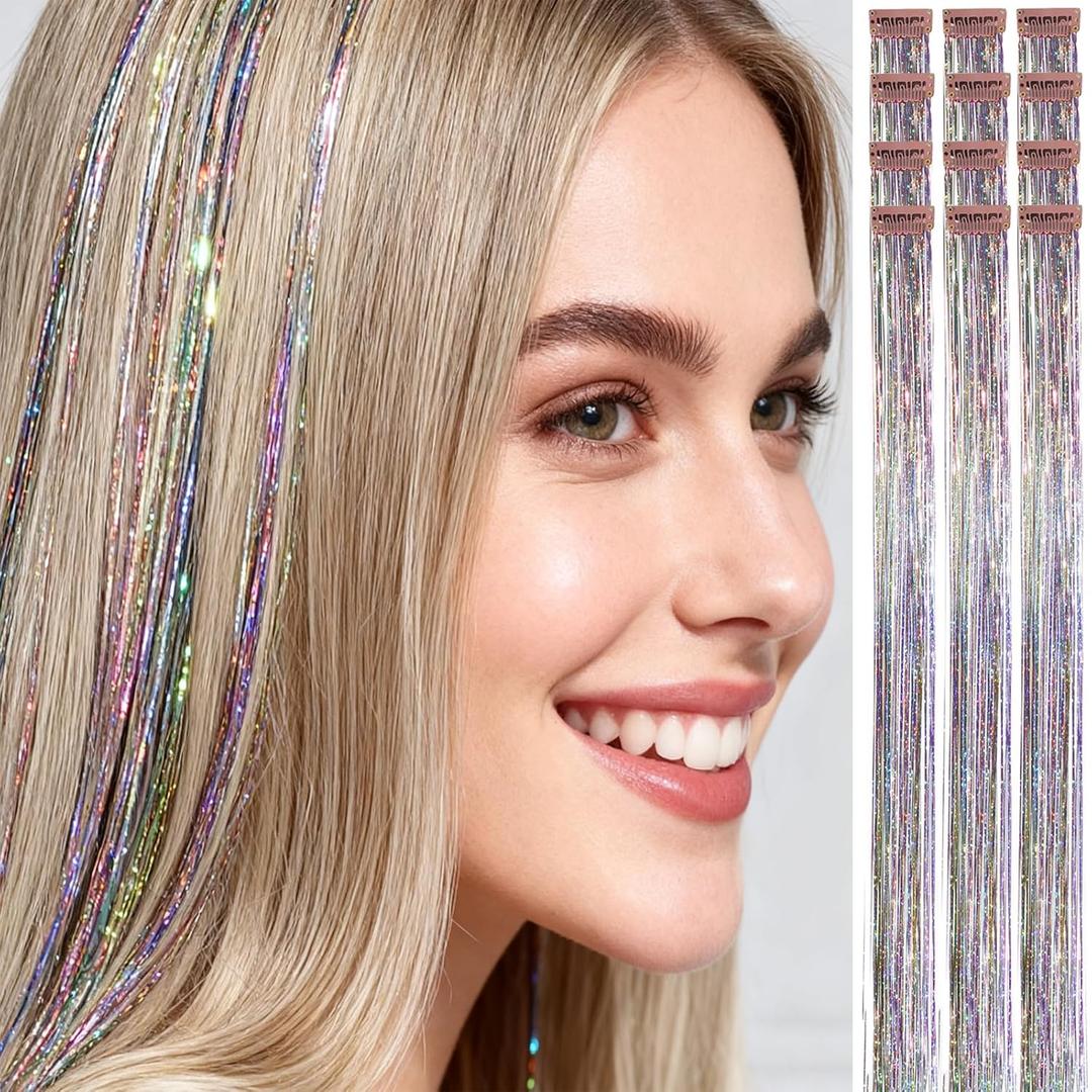 Rainbow Hair Tinsel Extensions, Sparkle Strands for Styling, Clip In, Mixed Colors, Salon Quality Hair Accessories,Fairy Hair Party Kit for Women for Festivals Cosplays, Party Daily (24 Inch 12 Pcs)