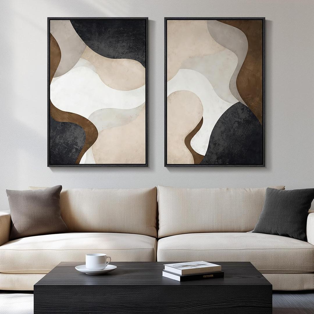 Large Framed Neutral Abstract Minimalist Wall Art Set of 2, Modern Canvas Prints Paintings Artwork for Walls, Black Beige Brown Abstract Art Pictures for Living Room Dining Bedroom Wall Decor 24x36 In, 24" W x 36" H x 2Pcs