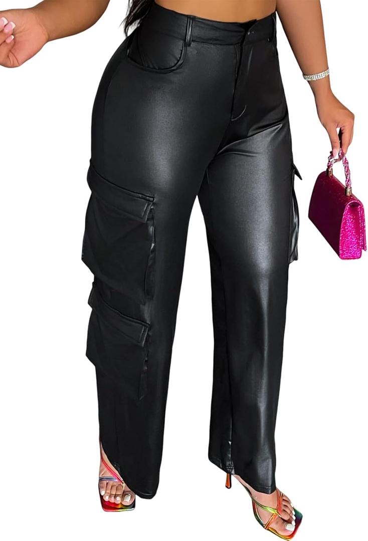 Ryehack Faux Leather Pants for Women Y2K High Waisted Wide Leg Cargo Pants PU Trousers with Pockets