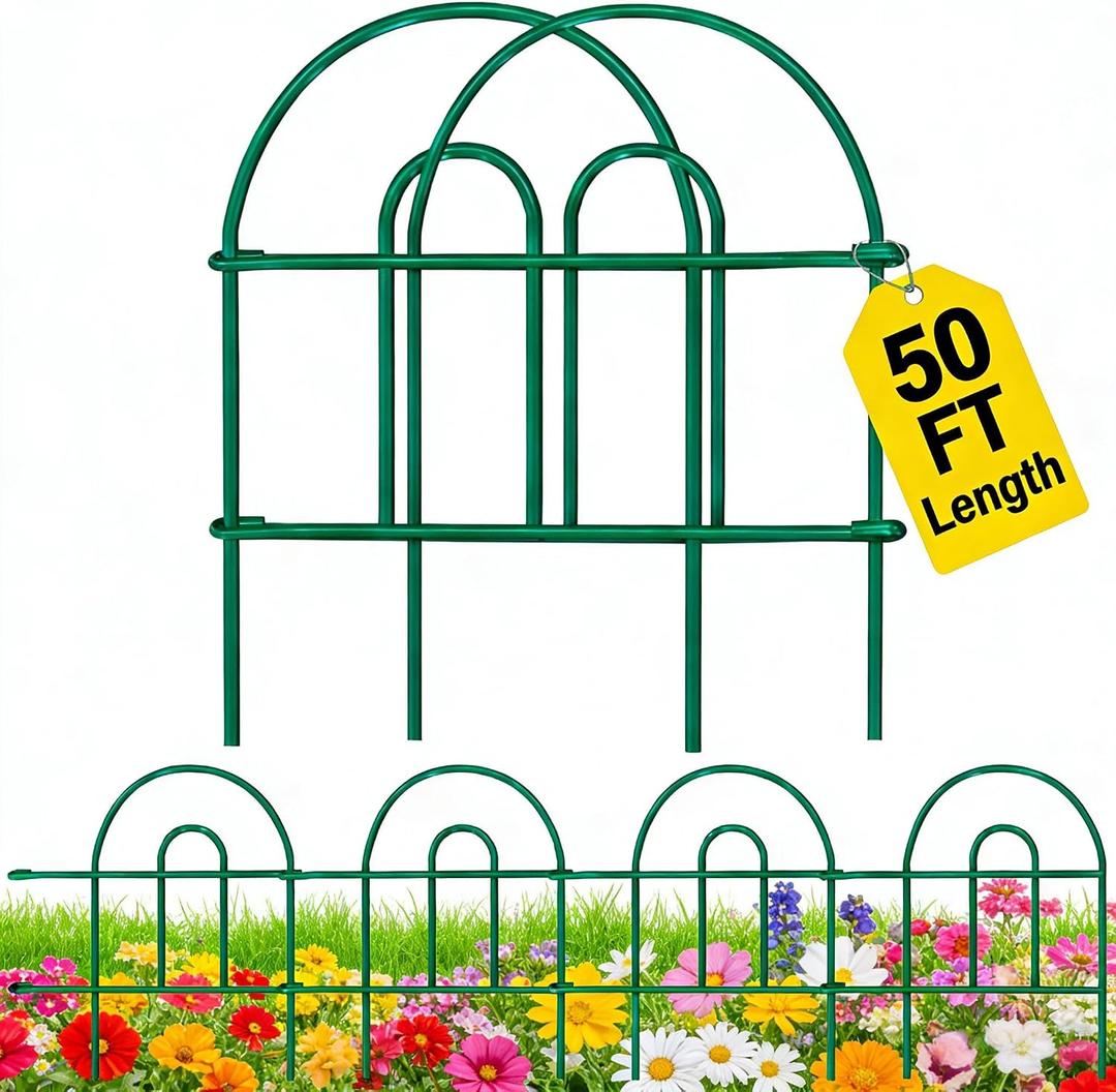 AMAGABELI 35 Panels 18in(H)50ft(L) Decorative Garden Fence No Dig Rustproof Metal Pre-Linking Fence Panels Garden Edging Border Animal Barrier Fencing for Flower Beds Yard Patio Outdoor Decor Green