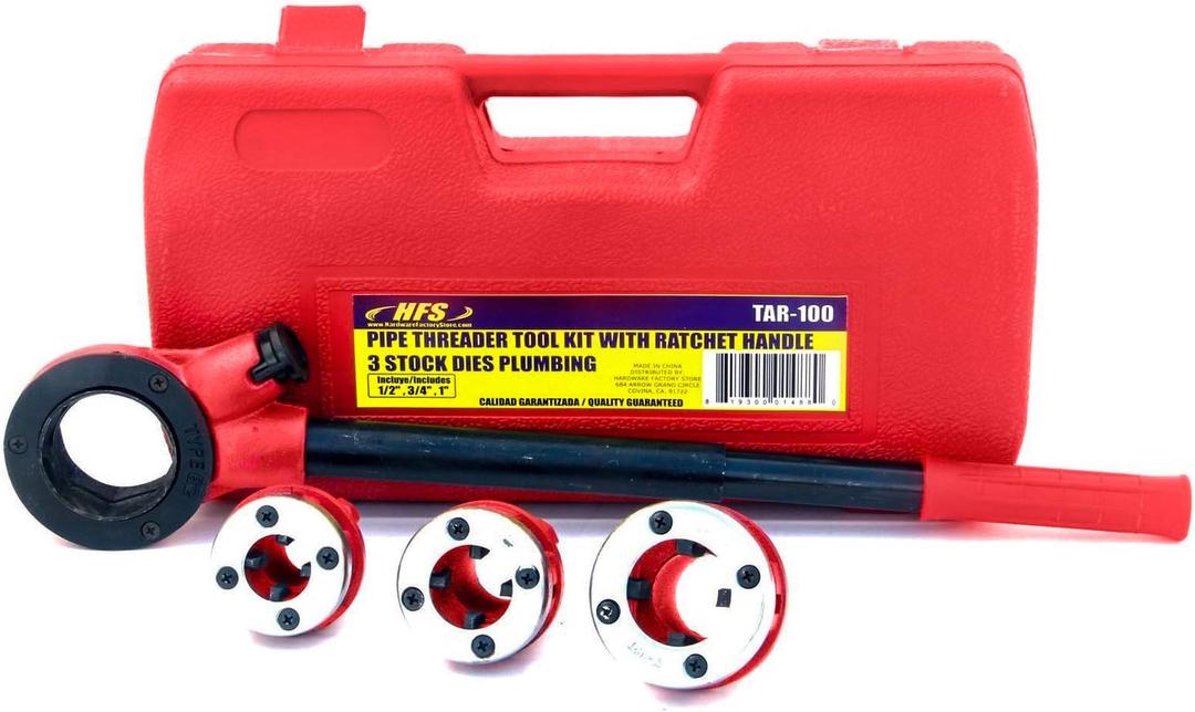 HFS(R Ratchet Pipe Threader Kit, Manual NPT Pipe Threading Tool Set with 1/2", 3/4" & 1" Dies, Ratcheting Threader for Galvanized and Iron Pipe